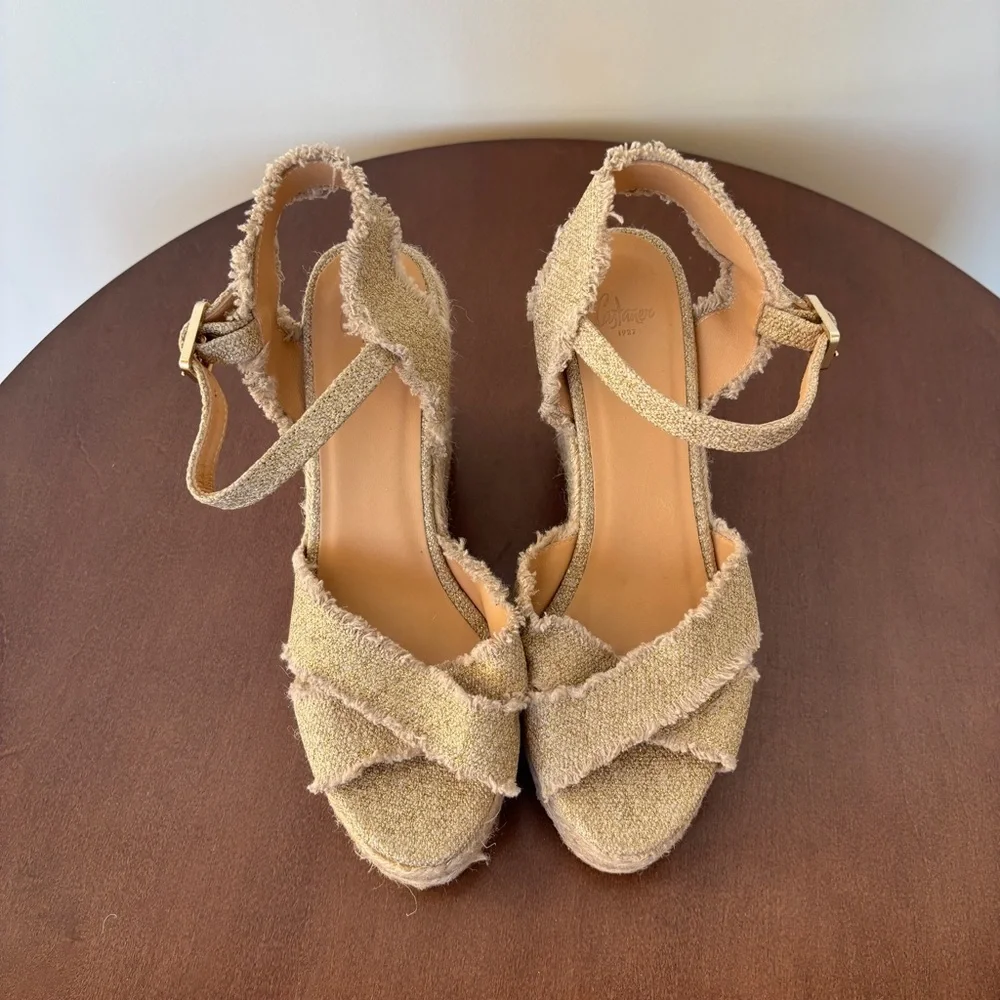 Castañer Bromelia Frayed Metallic Canvas Wedge Espadrilles, Size 39/ US 8